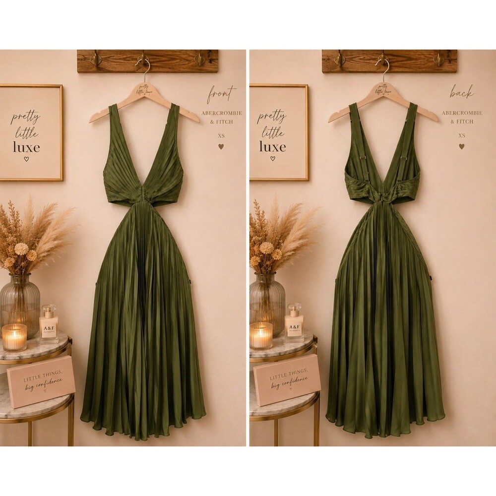 Abercrombie & Fitch Olive Pleated Cutout Midi Dress XS